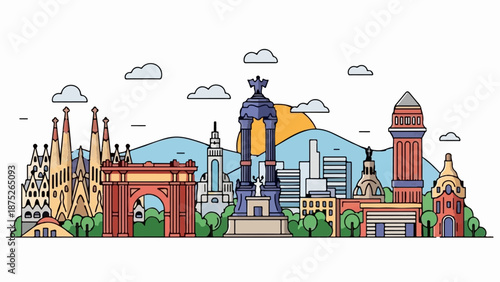 A stylized cityscape with prominent architectural landmarks against a background of hills, sun, and clouds