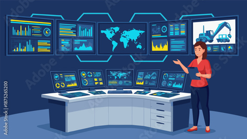 Control Room Monitoring System Vector Illustration with World Map and Data Displays