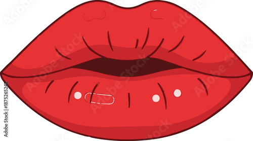 A stylized illustration of plump, vibrant red lips with a glossy finish, slightly parted revealing a dark interior