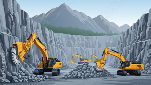 Construction excavators working in a quarry, vector illustration of heavy machinery