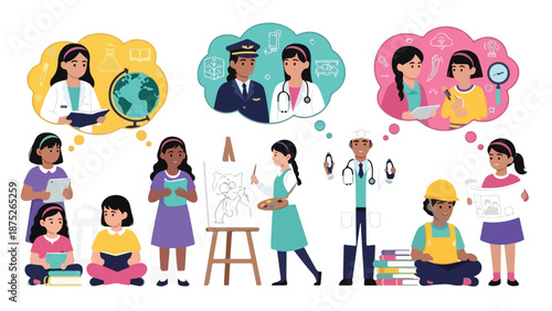 Illustration of diverse children with thought bubbles showing various professions in a colorful and imaginative scene.