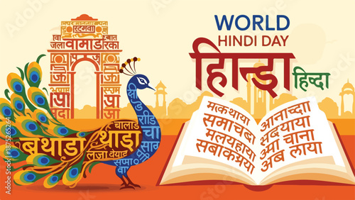 A colorful illustration of a peacock and an open book with Hindi text on a vibrant background celebrating World Hindi Day with a mix of English and Hindi words.