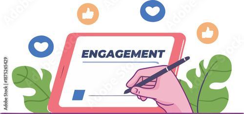 Content Engagement Concept with Hand Writing on Digital Tablet and Social Media Reaction Icons Flat Vector Illustration