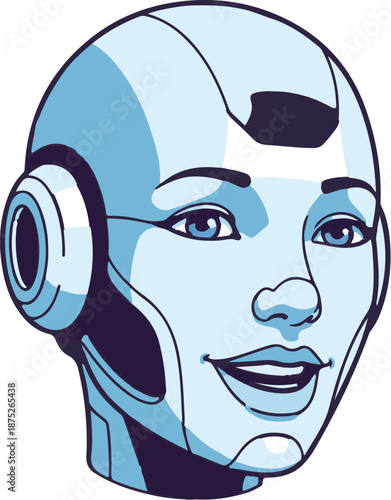 A stylized, light blue humanoid robot face with striking blue eyes and a gentle smile, showing advanced technology