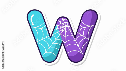 A stylized letter W, half turquoise with cobwebs, half purple with cobwebs