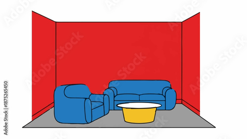 A stylized living room features a blue couch and armchair facing a yellow coffee table against red walls