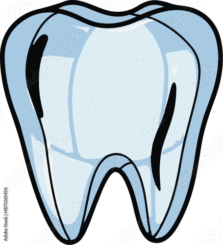 A stylized, light blue tooth with black outlines and shading