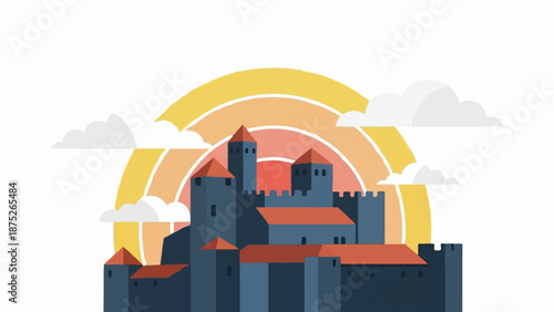 A stylized medieval castle with turrets and battlements, set against a colorful sunset and clouds