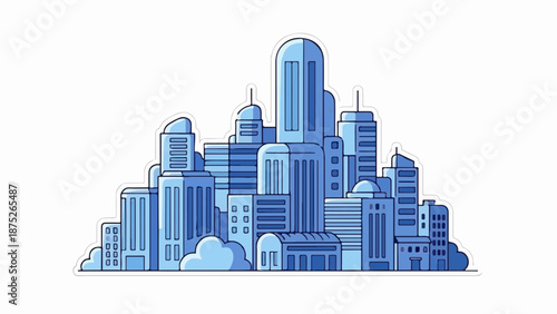 A stylized, minimalist city skyline composed of various blue-toned buildings and clouds