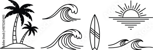 Tropical beach theme palm trees, horizon, ocean waves, and a surfboard vector. 