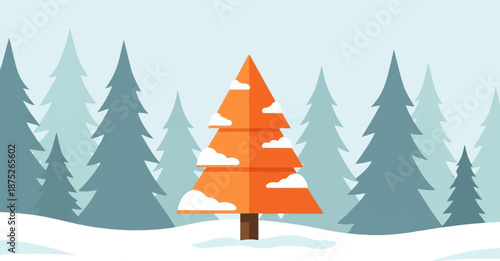 A stylized, orange evergreen tree stands out amidst a winter forest of blue-green trees