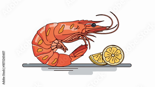 A stylized, orange shrimp rests next to two lemon slices on a gray surface