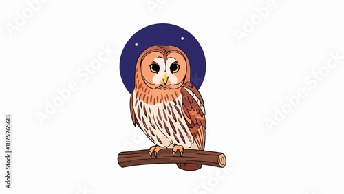 A stylized owl with warm brown and cream plumage sits on a branch against a dark blue moonlit background