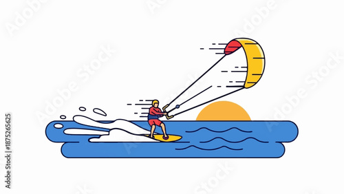 A stylized person kiteboarding on blue water with a yellow and red kite against an orange sun