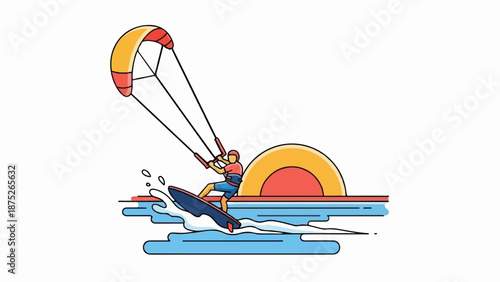 A stylized person kitesurfs on blue water with a colorful kite and sun