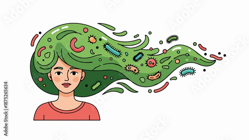 A stylized person with flowing green hair filled with colorful microorganisms