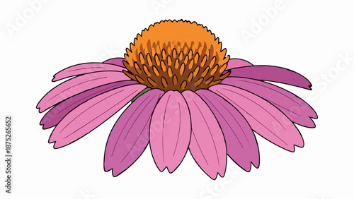 A stylized pink and purple flower with a vibrant orange center and brown accents