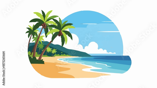 A tropical beach scene with palm trees, sandy shore, turquoise ocean, and a bright sky