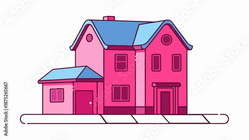 A stylized pink and blue house illustration with a simple, cartoonish aesthetic