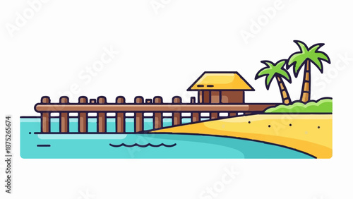 A tropical pier extends over turquoise water to a sandy beach with palm trees