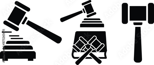 Judge gavel symbol of authority, law, and justice legal system, courtrooms, lawbook, and auctions, shield, courthouse, scale of justice vector illustration silhouettes. 