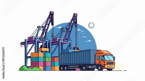 A truck and cranes load containers at a busy shipping terminal