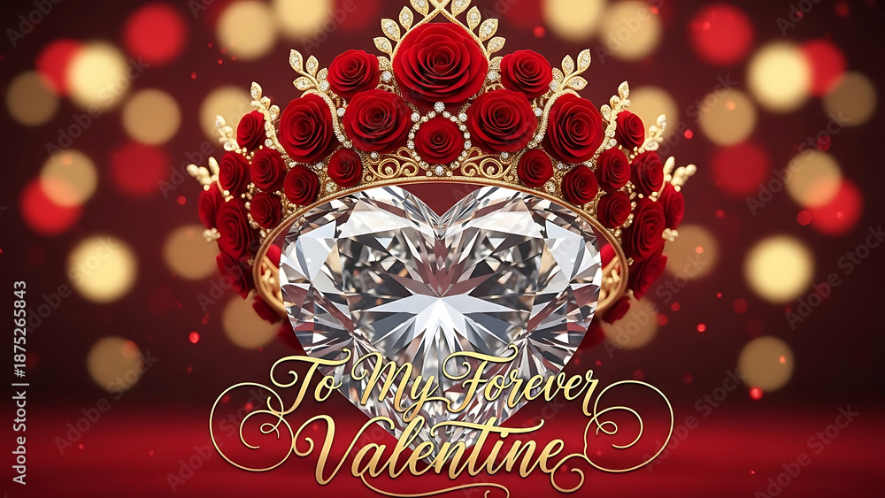 Naklejka premium A dazzling heart-shaped diamond, crowned with intricate red roses and gold, floats above 