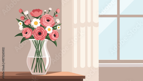 A vase of pink and white flowers sits on a wooden table next to a window with light blue panes