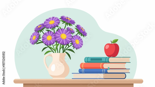 A vase of purple asters and a stack of books with an apple on top