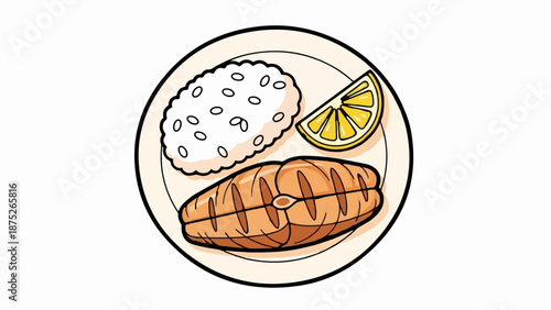 A stylized plate of grilled fish, white rice, and lemon slice