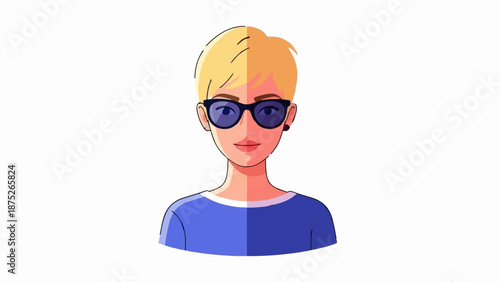 A stylized portrait of a person with blond hair and blue sunglasses, wearing a blue shirt