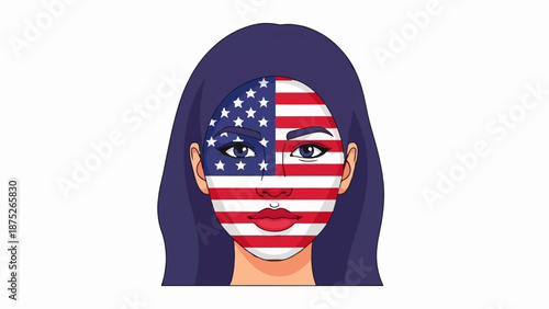 A stylized portrait features a face divided with the American flag design on one side