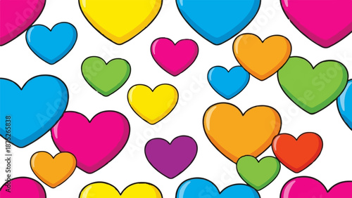 A vibrant assortment of colorful, graphic heart shapes fills the frame