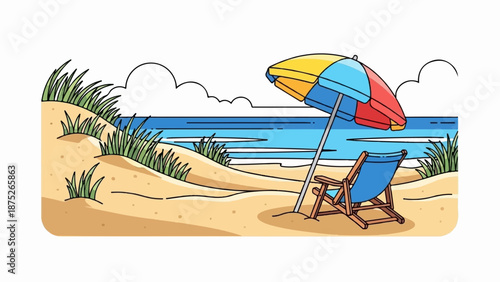 A vibrant beach scene with rolling dunes, green grass, and a colorful umbrella over a blue lounge chair