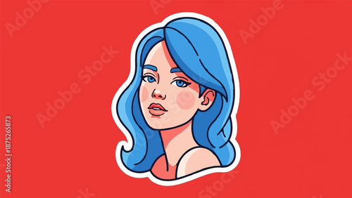 A stylized portrait of a young woman with vibrant blue hair and blue eyes, set against a solid red background