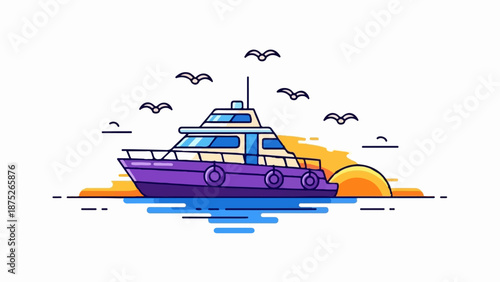 A stylized purple boat sails on blue water near a setting sun, with birds flying above