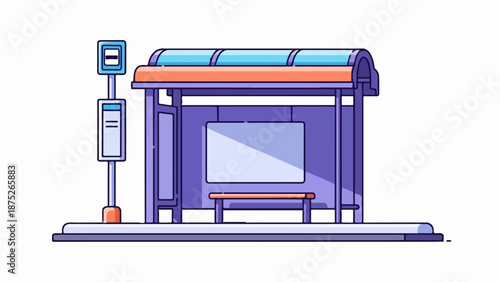 A stylized purple bus stop shelter with a blue signpost