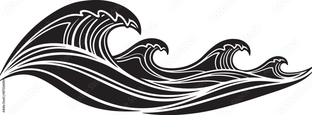 Fototapeta premium Black and White Ocean Wave Graphic Illustration Design Element