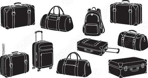 Collection of various luggage and travel bags illustration set