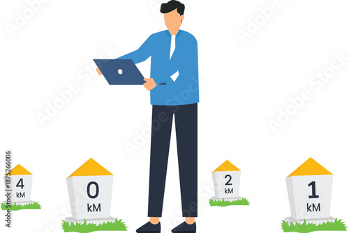 Businessman working laptop computer distance markers navigation route location tracking journey progress road milestones starting point business goals measuring success modern concept