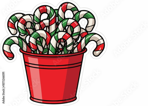A vibrant bucket overflows with a multitude of festive candy canes, arranged in a cheerful heap