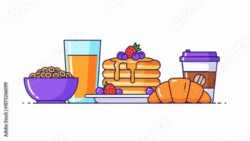 A vibrant breakfast spread pancakes with berries, cereal, juice, croissant, and coffee