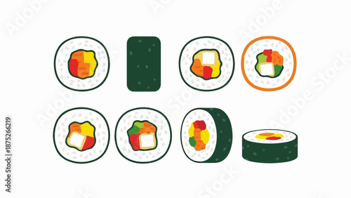 A vibrant, cartoon-style illustration of sushi rolls and ingredients, presented against a white background