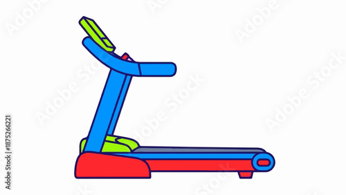A vibrant, cartoon-style treadmill with blue, red, and lime green accents, perfect for home fitness