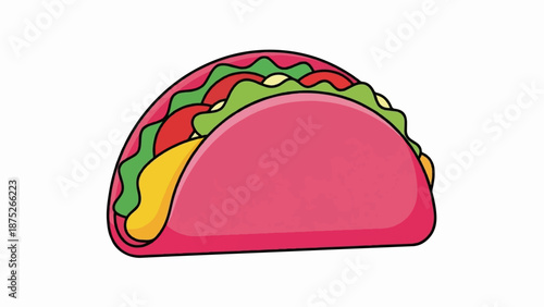 A vibrant, cartoon-style taco with a pink shell, filled with colorful lettuce, tomato, and cheese