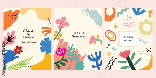 Vibrant abstract floral card templates featuring playful organic shapes, ideal for wedding invitations, summer greetings, and cheerful birthday wishes.