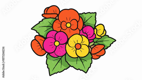 A vibrant cluster of brightly colored flowers with green leaves