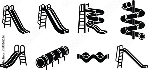 Children playground and water slides in the park silhouette. 