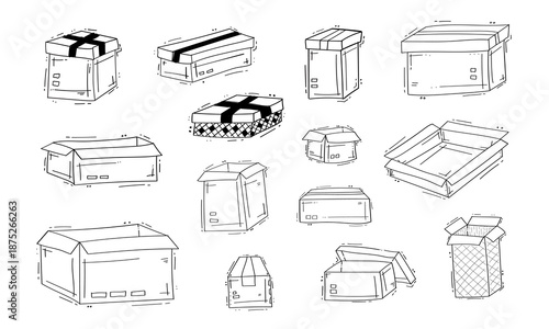 set of cardboard icon in doodle style