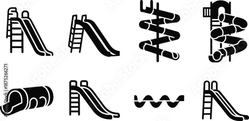 Children playground and water slides in the park silhouette. 